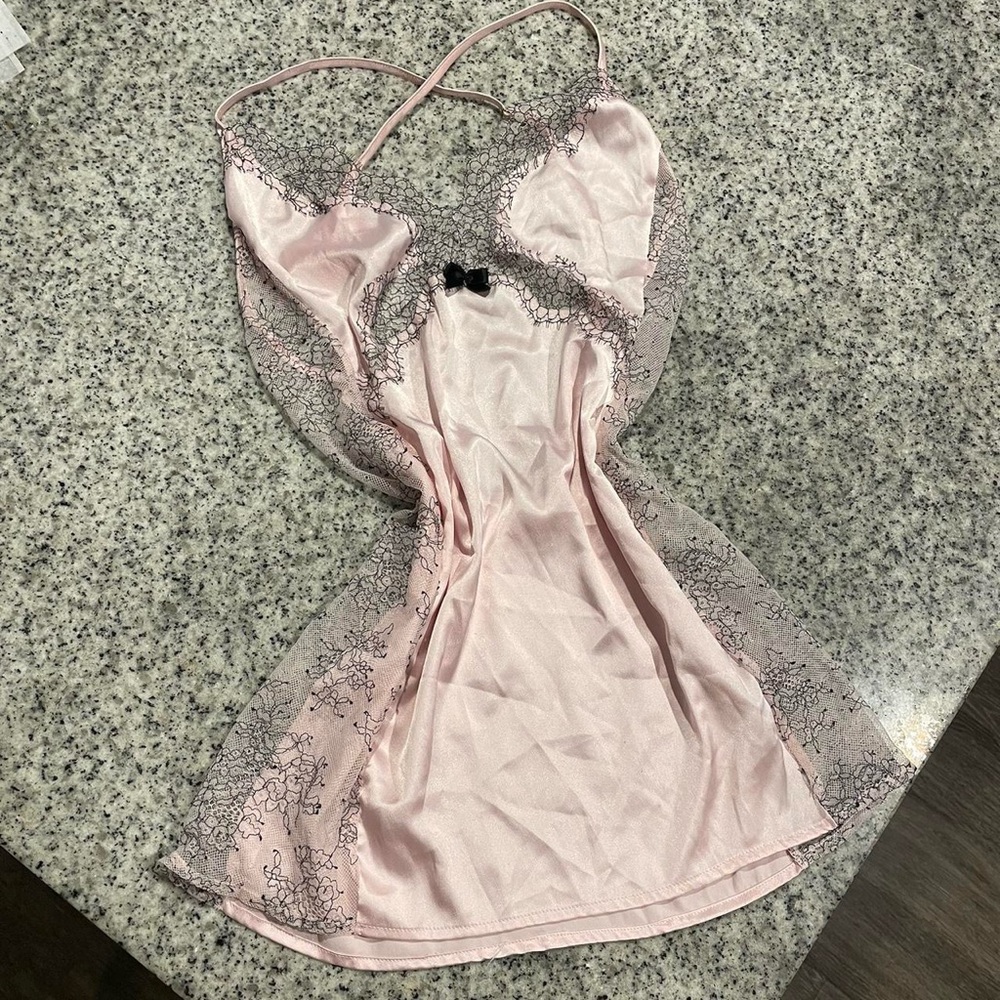 Victoria's secret pink floral lace slip dress with black and white lace panels
